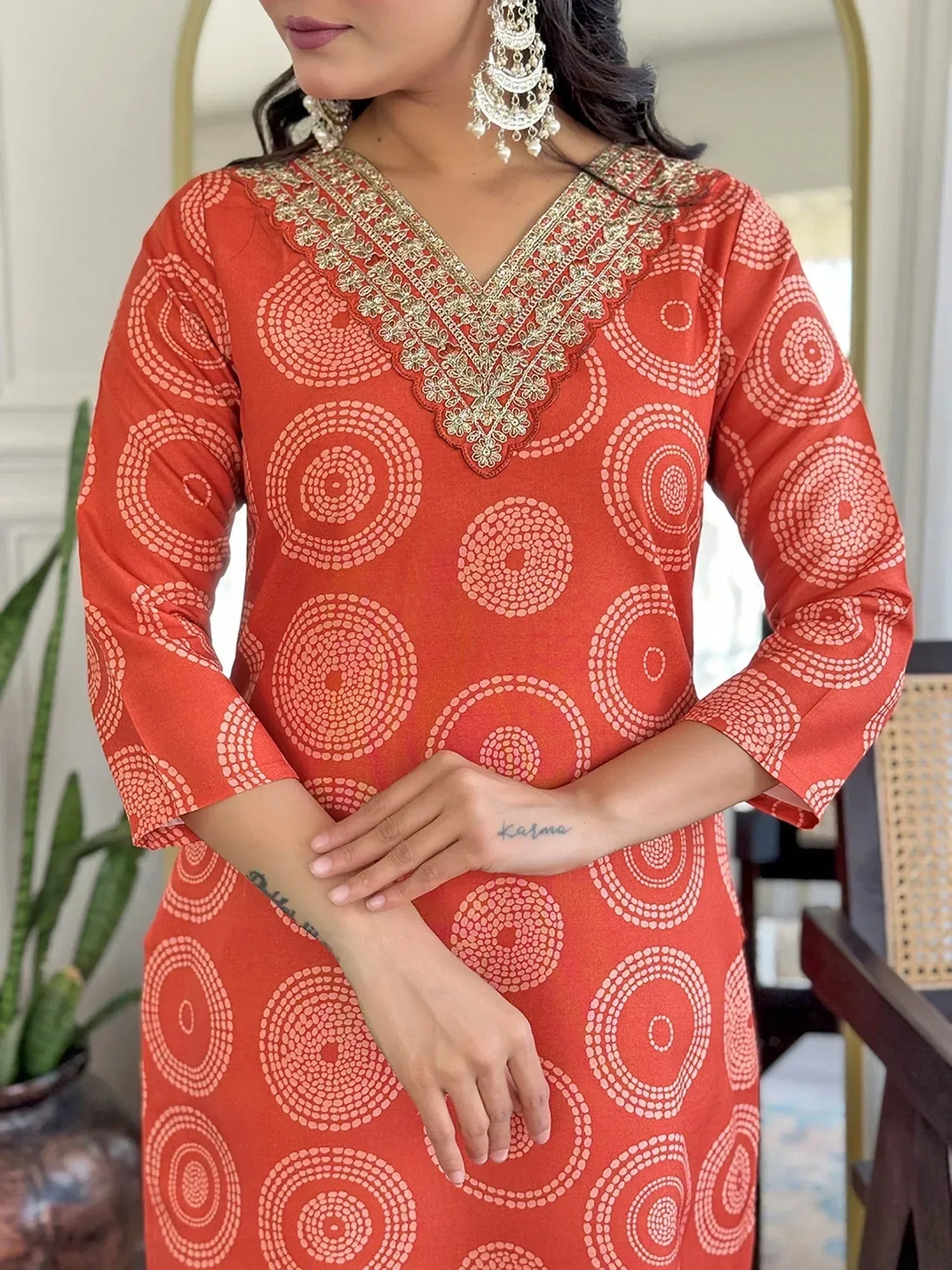 Orange printed kurti with gold embroidery, ethnic wear for women