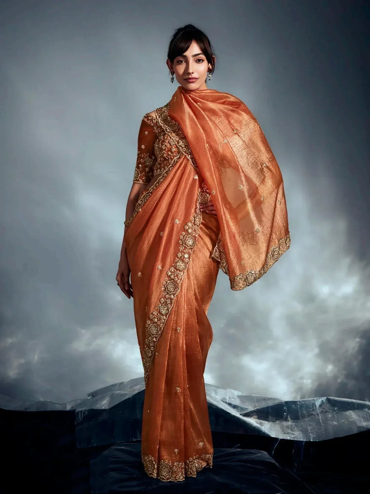 Orange embroidered saree with gold detailing, perfect for Indian ethnic wear occasions