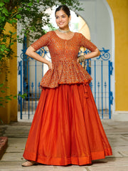 Impressive Orange Silk Function Wear Lehenga With Peplum Top