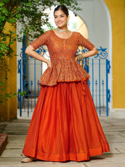 Impressive Orange Silk Function Wear Lehenga With Peplum Top
