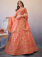 Mesmerizing Orange Sequined Butterfly Net Engagement Lehenga Choli