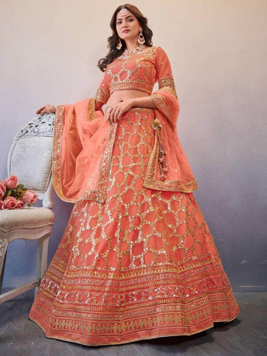Mesmerizing Orange Sequined Butterfly Net Engagement Lehenga Choli