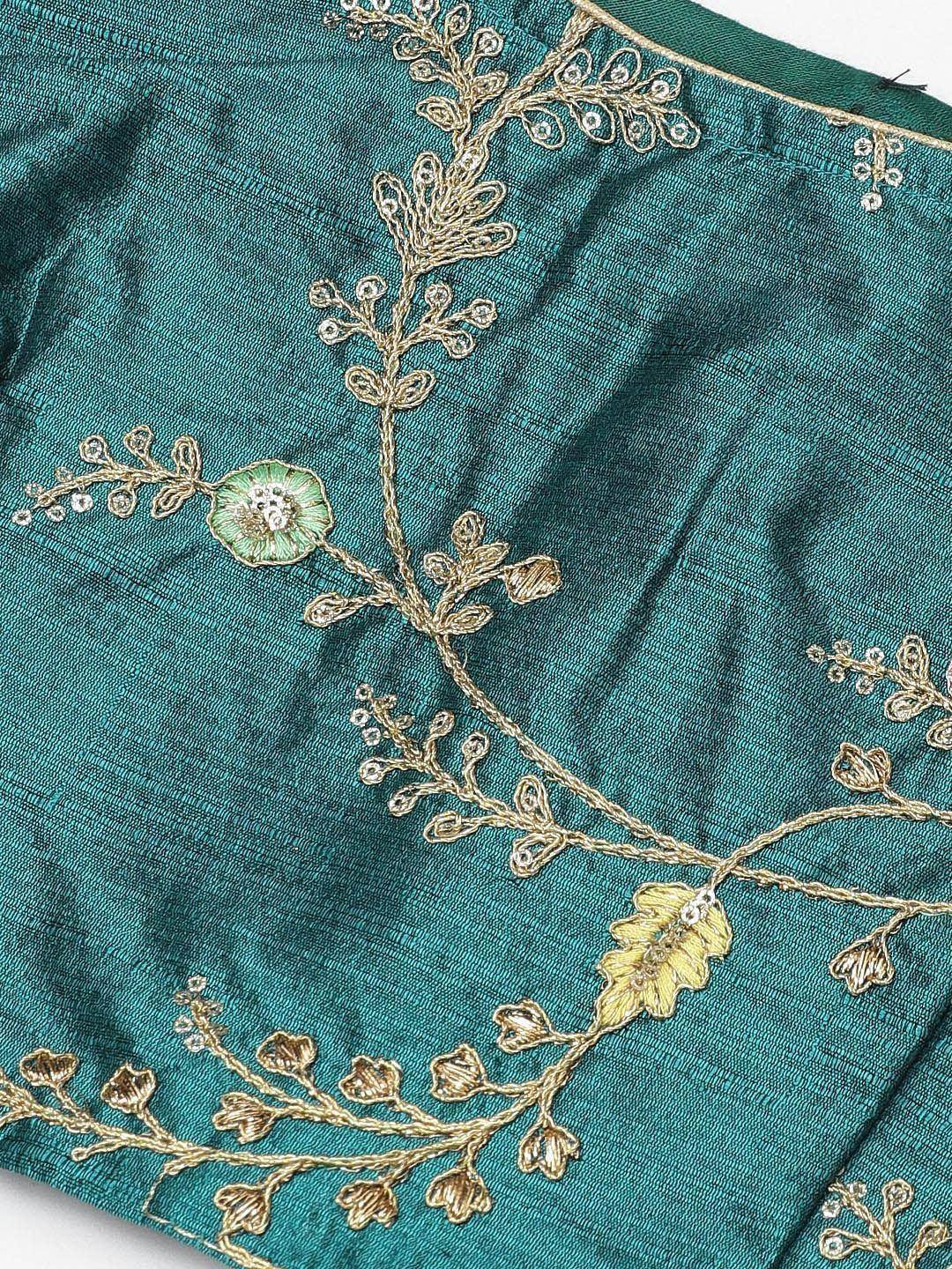 Teal ethnic blouse with gold floral embroidery and sequin details, perfect for Indian wear.