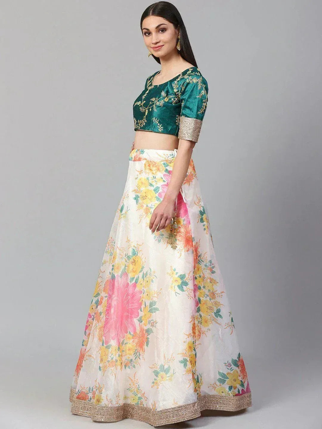 Floral print lehenga with emerald green embroidered blouse, Indian ethnic wear