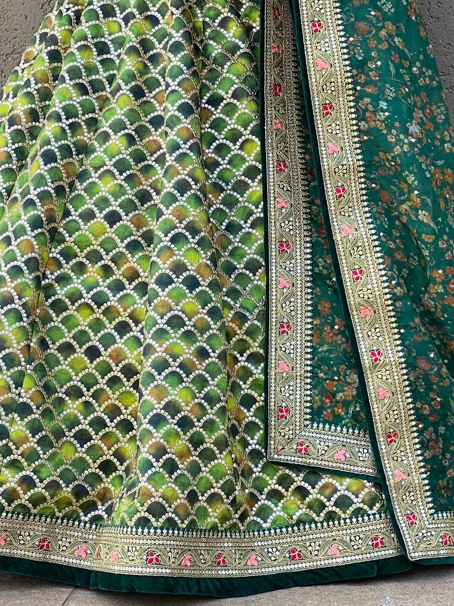 Emerald green lehenga with scalloped pearl embroidery and floral dupatta, Indian ethnic wear