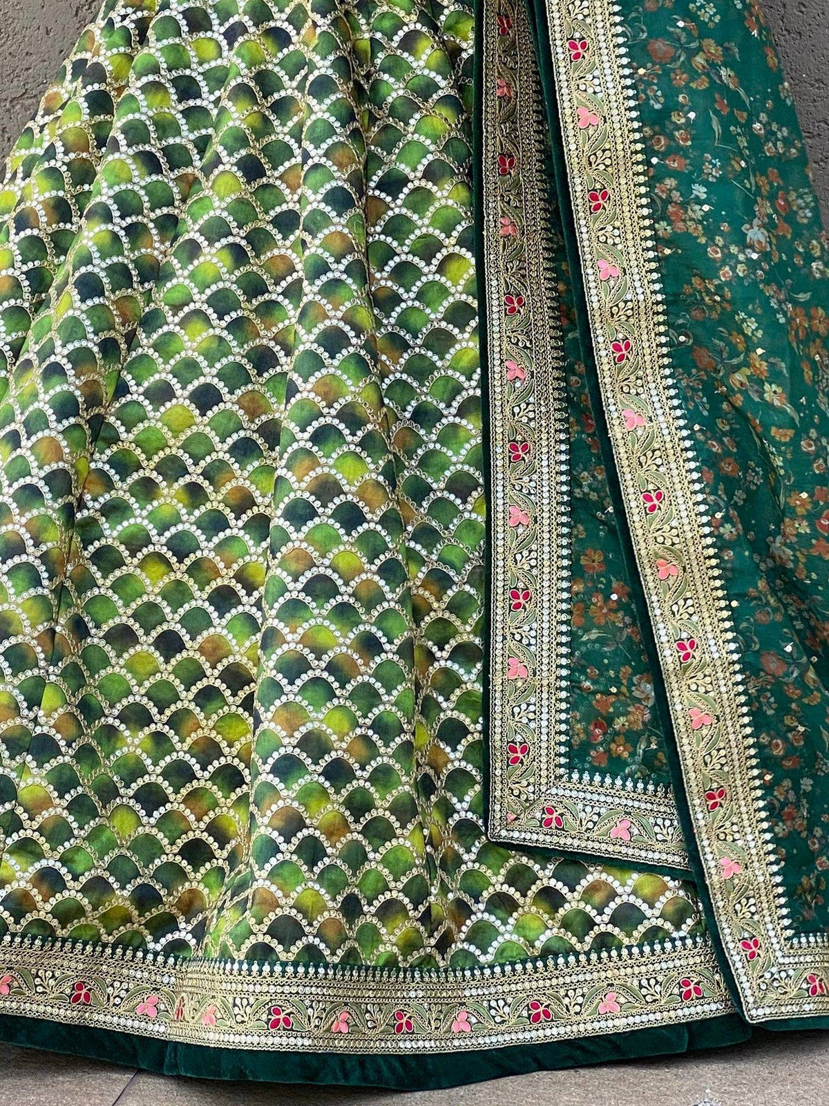 Emerald green lehenga with scalloped pearl embroidery and floral dupatta, Indian ethnic wear