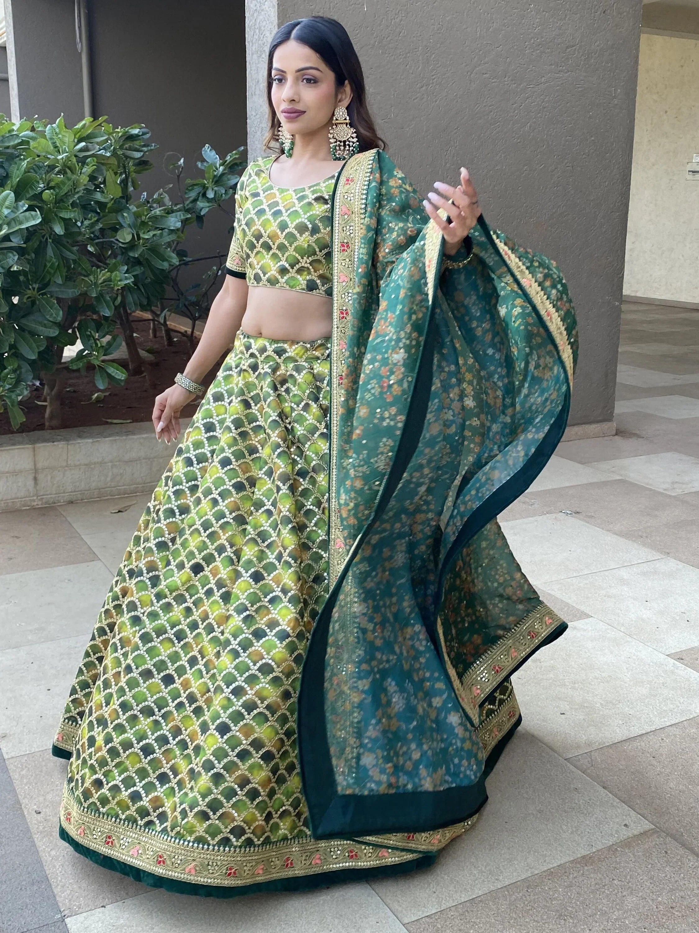 Green printed lehenga choli with floral dupatta, Indian ethnic wear for women