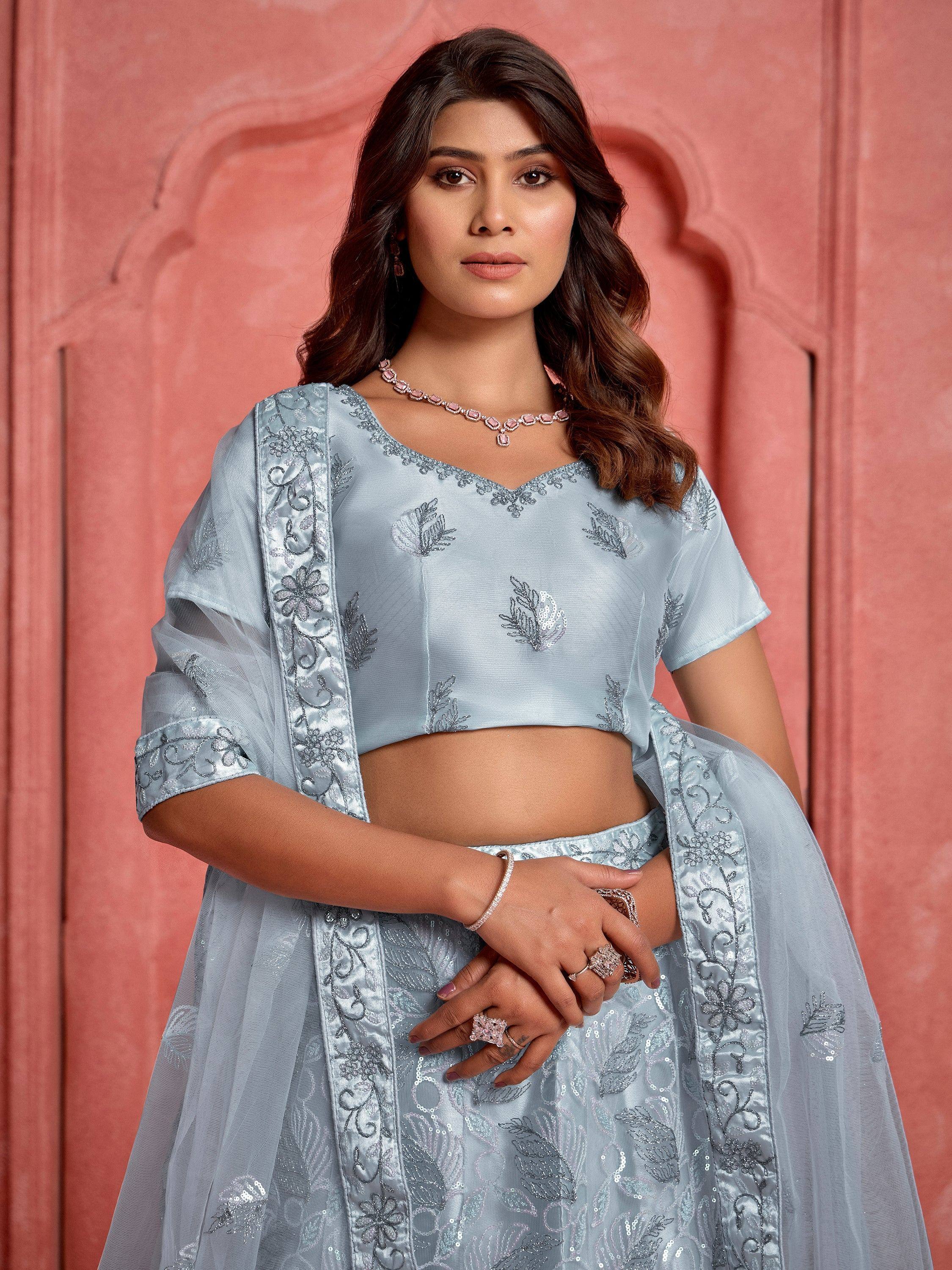 Light blue embroidered lehenga choli with floral sequin work, perfect for Indian ethnic occasions