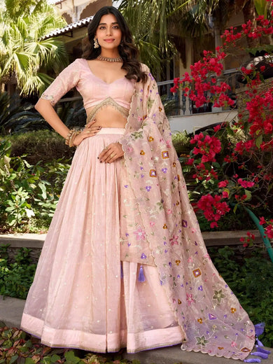 Outstanding Light Pink Floral Embroidery Silk Lehenga Choli With Dupatta - Ethnic Plus In