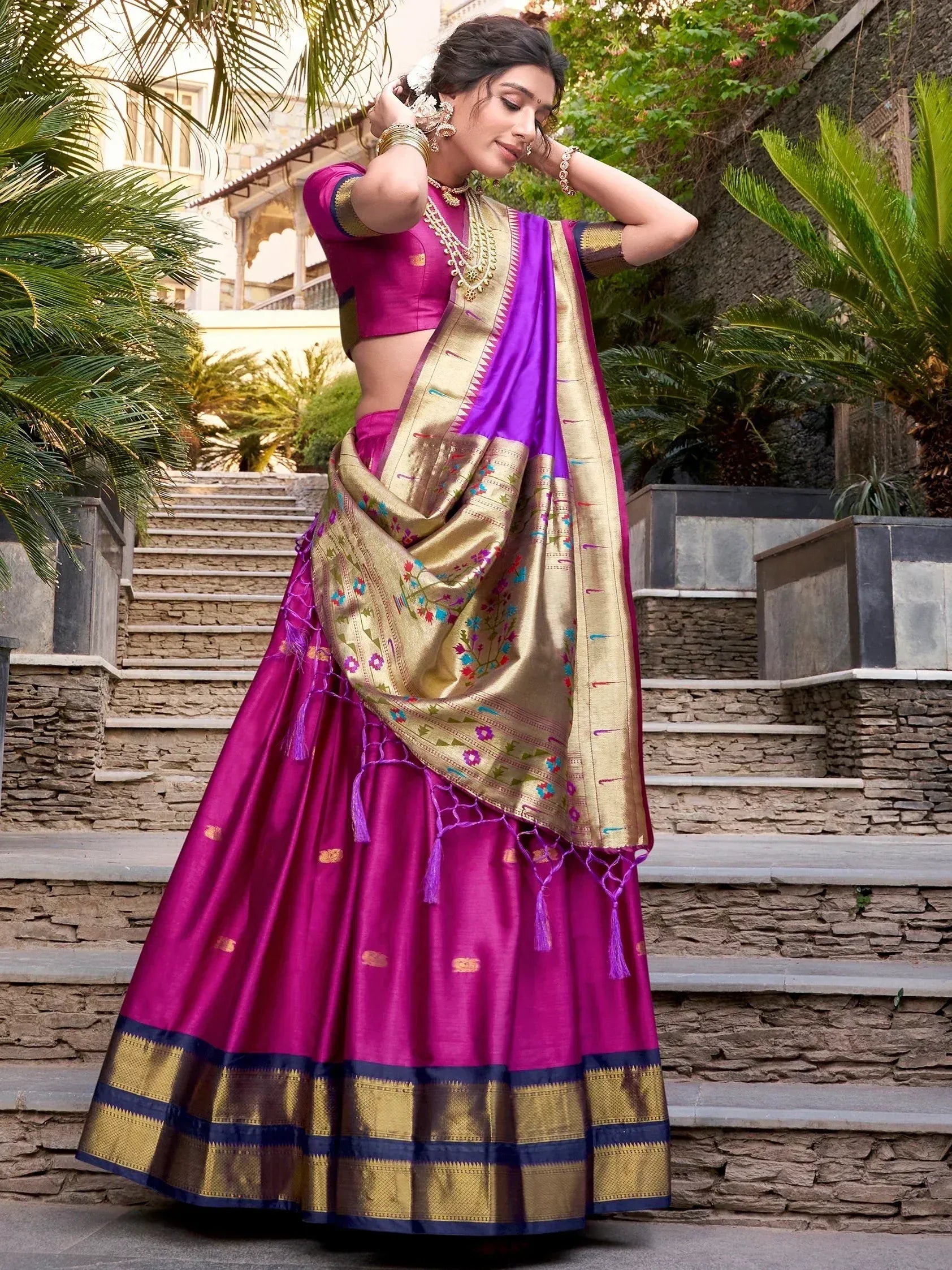 Purple and gold designer lehenga choli with floral dupatta, perfect for Indian ethnic wear occasions
