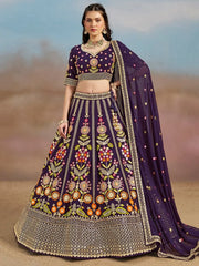 Outstanding Purple Floral Embroidery Georgette Bridesmaid Lehenga Choli - Ethnic Plus In