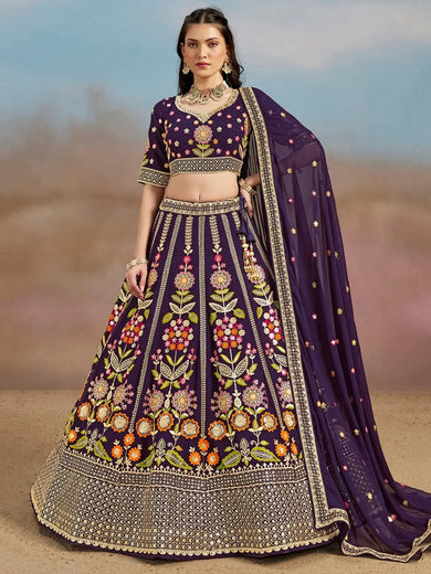 Outstanding Purple Floral Embroidery Georgette Bridesmaid Lehenga Choli - Ethnic Plus In