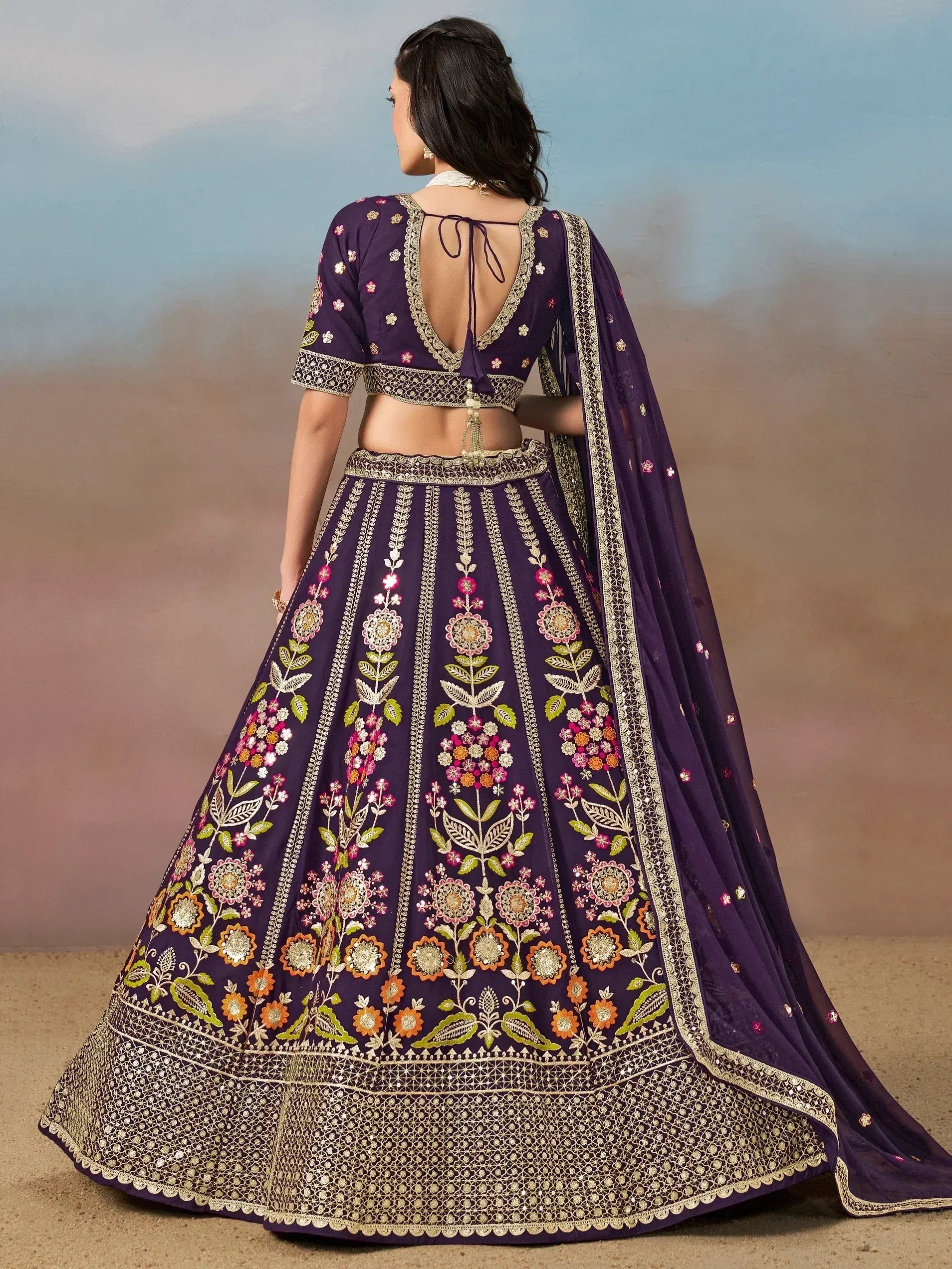 Purple floral embroidered lehenga choli with back tie blouse and dupatta, Indian ethnic wear