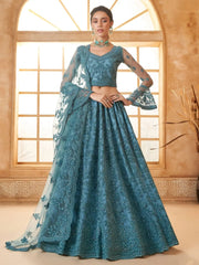 Outstanding Teal Blue Embroidered Net Designer Lehenga Choli - Ethnic Plus In