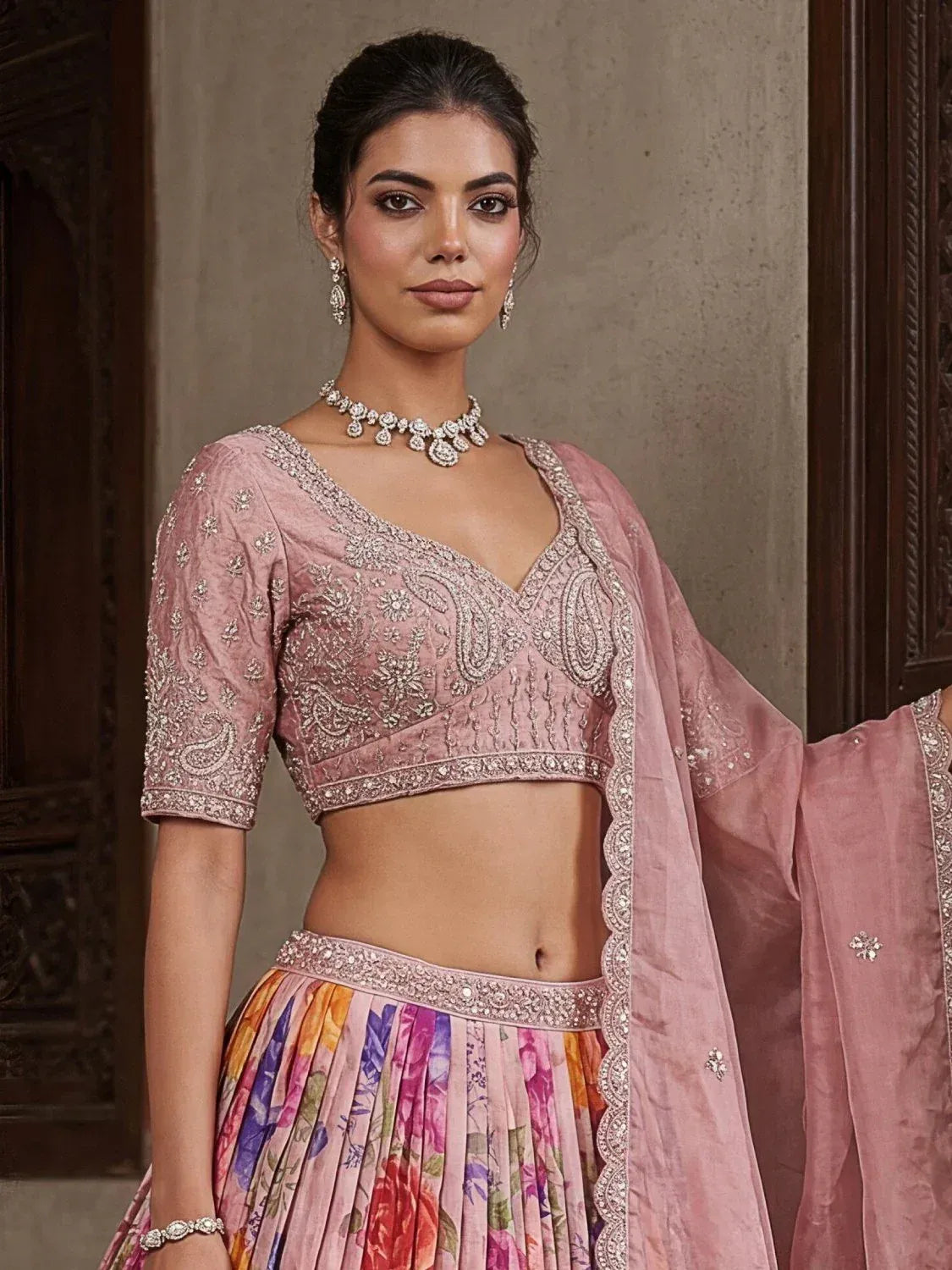 Precious Pink Flower Print Tissue Sangeet Wear Lehenga Choli