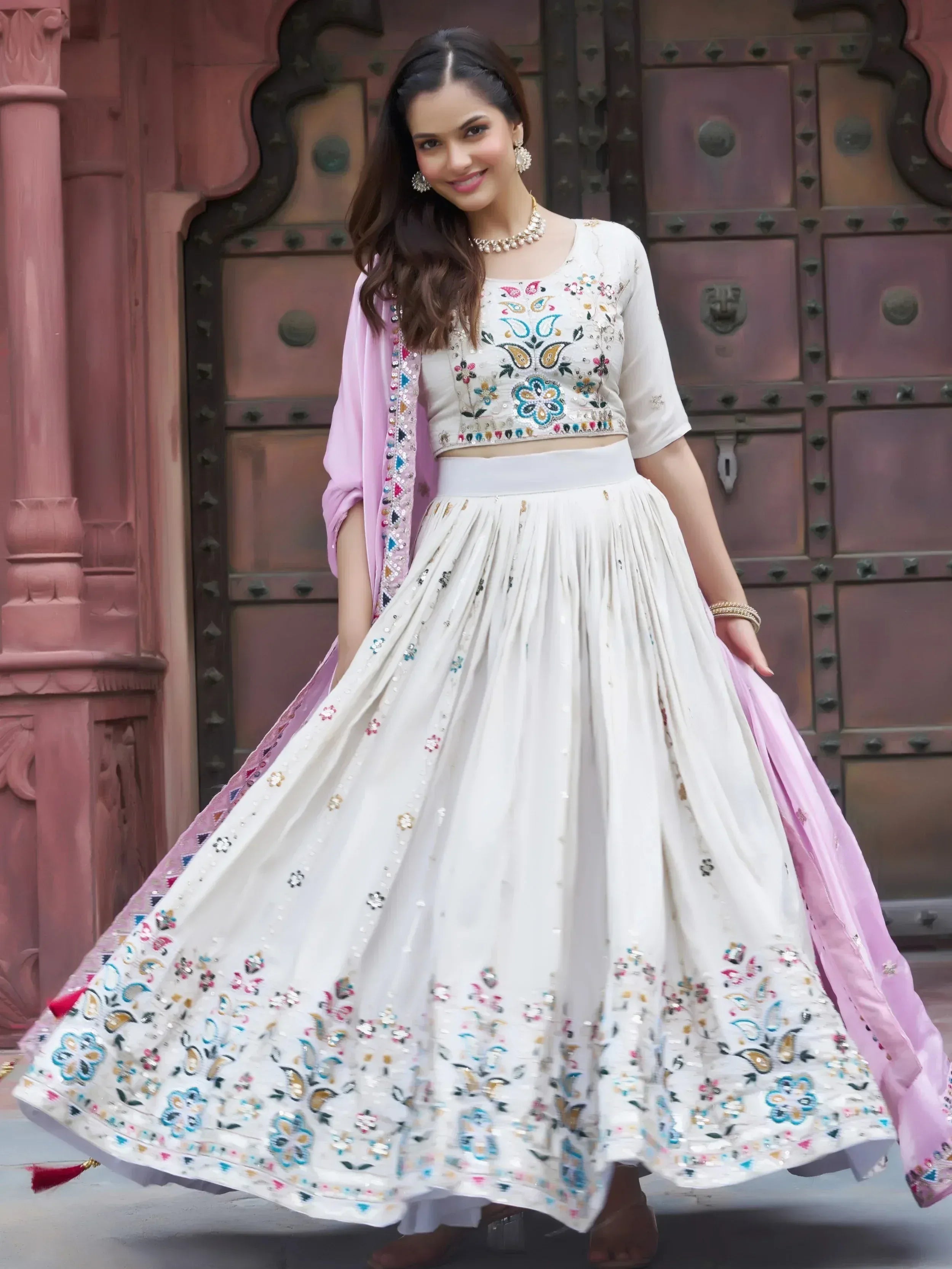 Beautiful Off-White Sequins Silk Lehenga Choli With Pink Dupatta