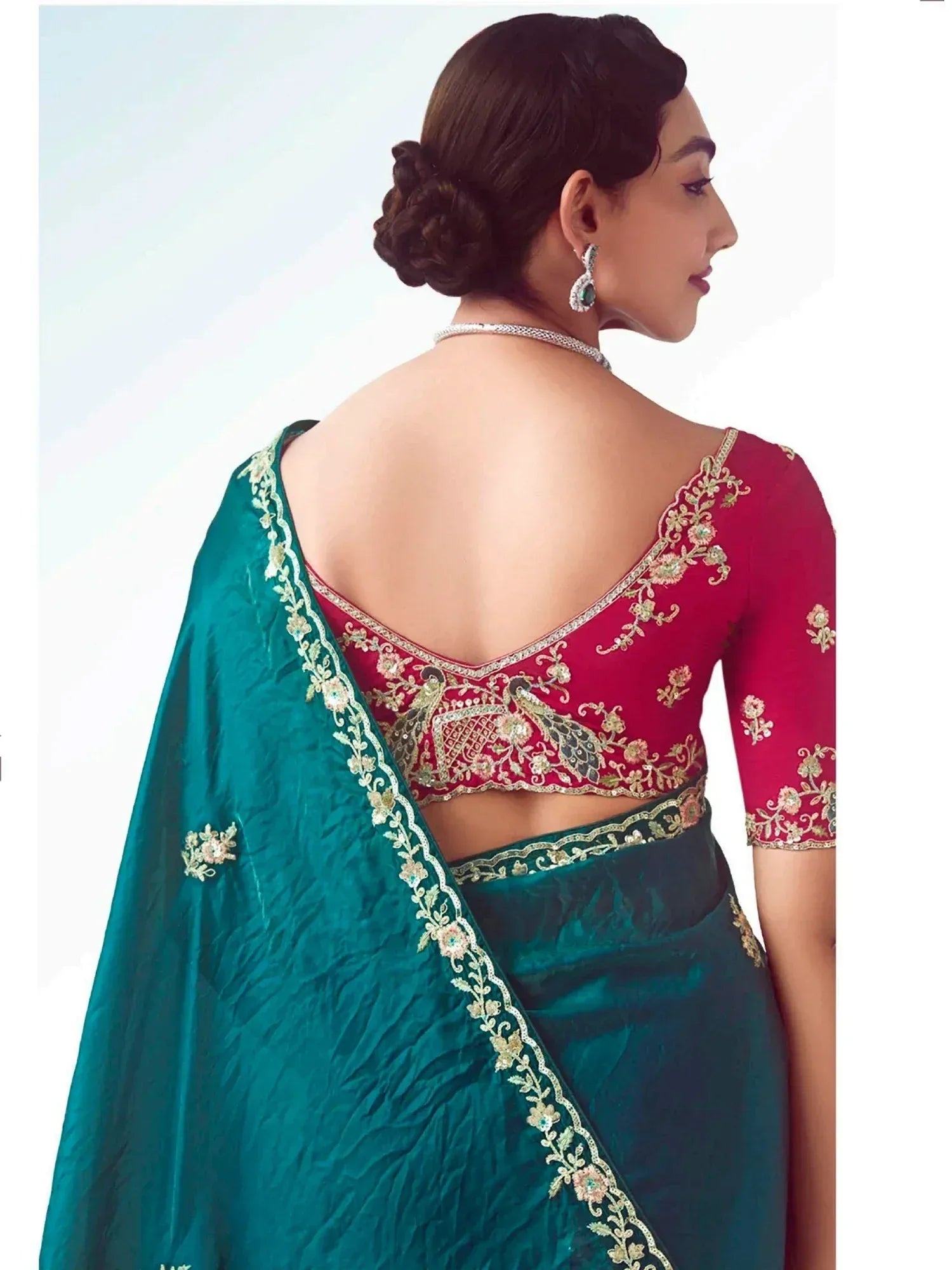 Emerald green saree with red embroidered blouse, peacock design, backless style, Indian ethnic wear
