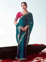 Mesmerizing Rama Blue Floral Embroidery Organza Saree With Blouse