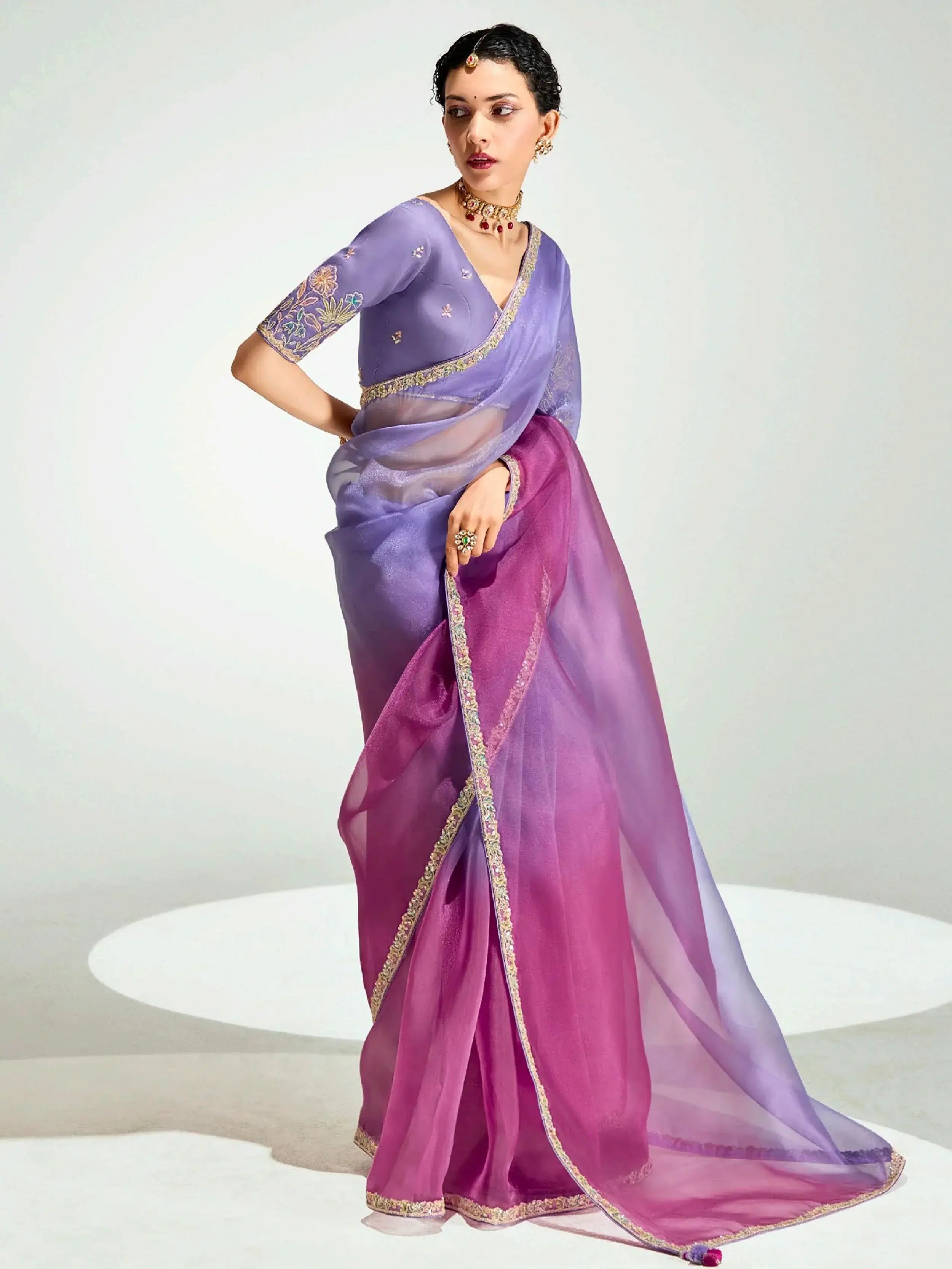 Adorning Lilac Organza Border Work Event Wear Saree With Blouse