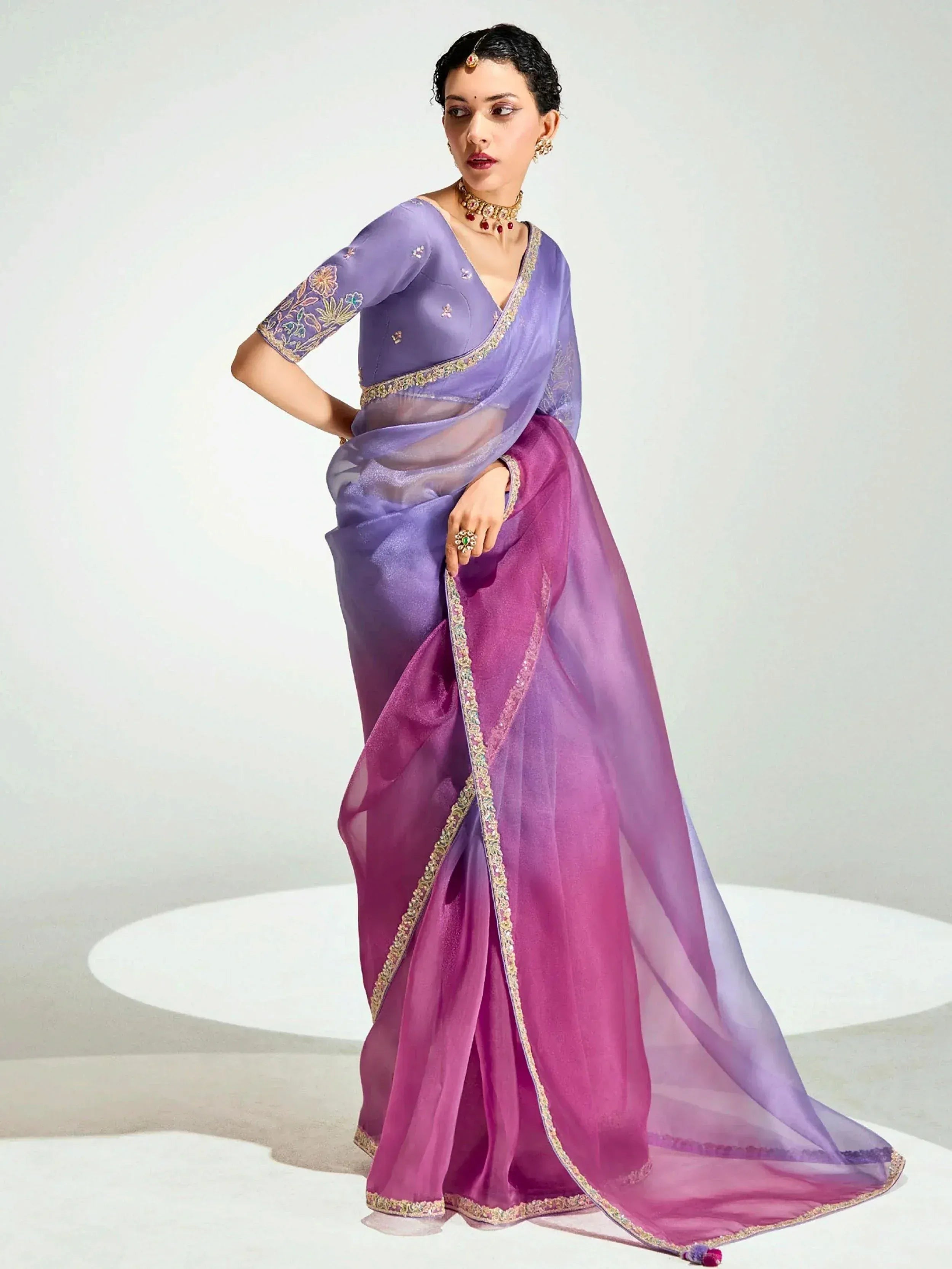 Elegant purple ombre saree with floral embroidery and gold border, styled with traditional Indian jewelry