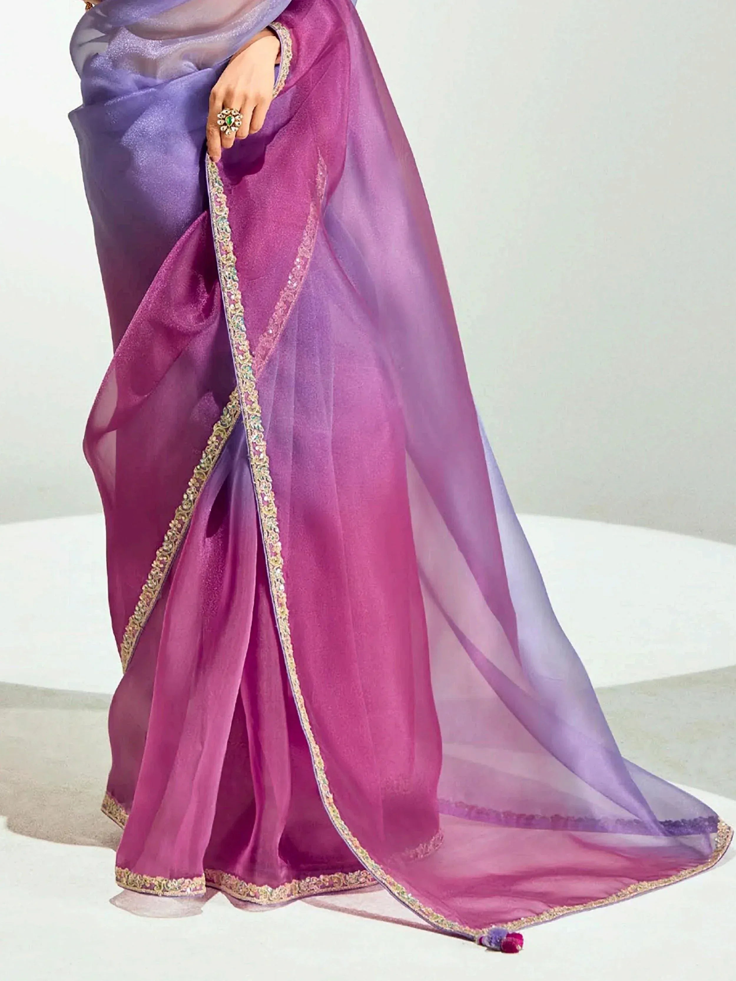 Purple ombre saree with gold embroidery, Indian ethnic wear for women