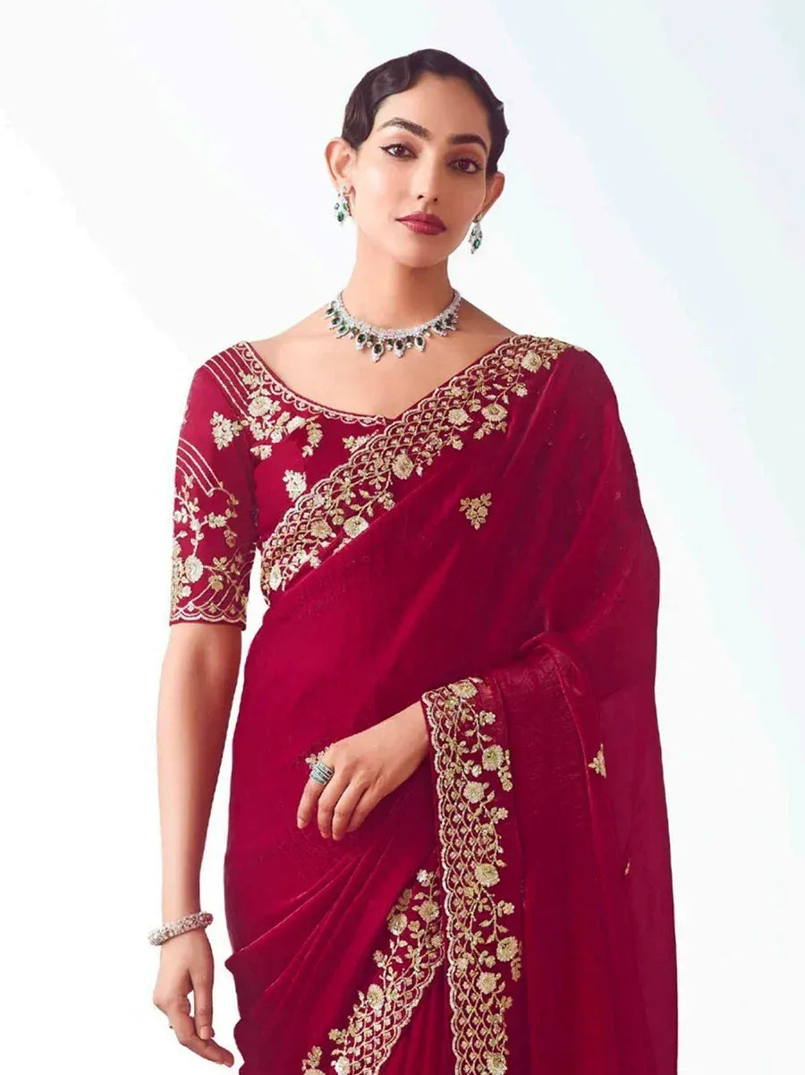 Elegant maroon velvet saree with gold floral embroidery, perfect for Indian ethnic occasions