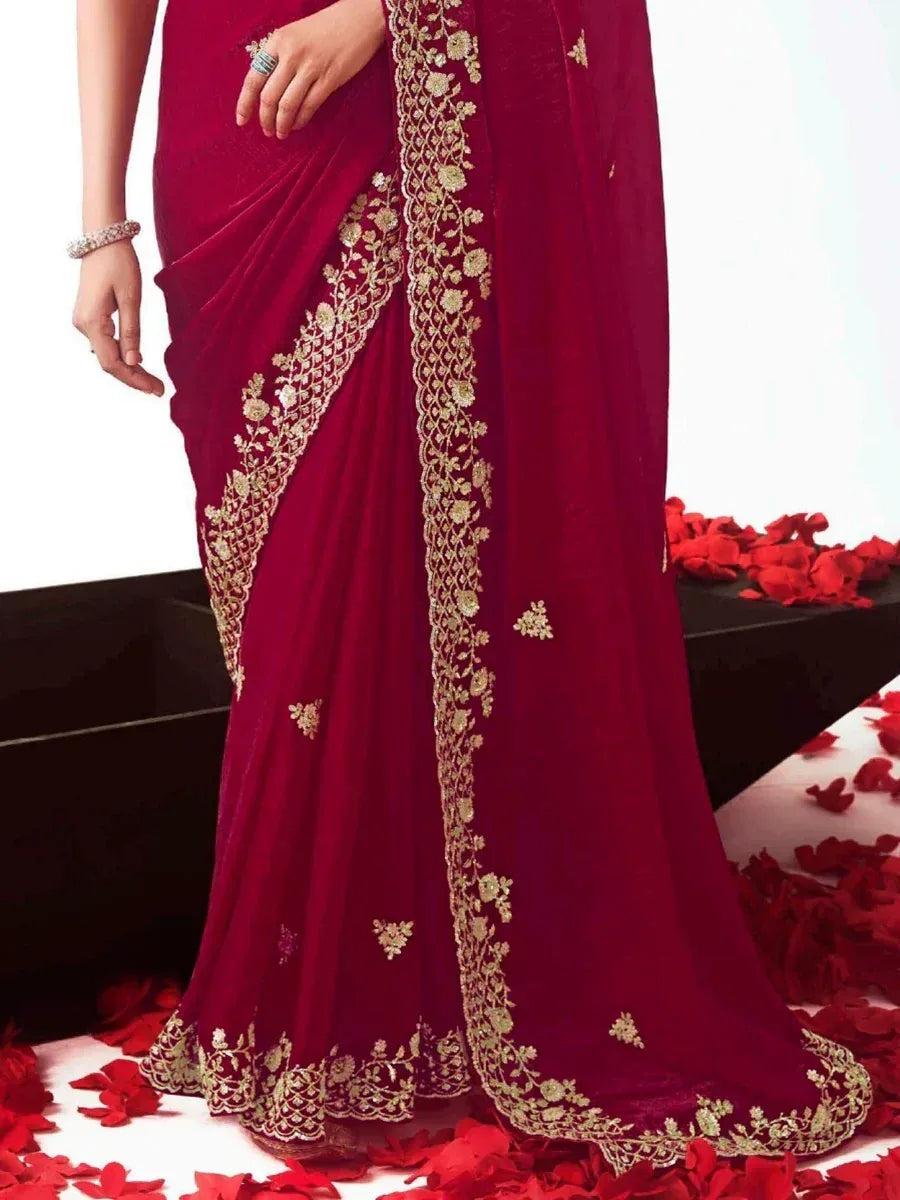 Maroon saree with gold floral embroidery, perfect for Indian ethnic wear occasions