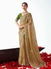 Chic Yellow Organza Sequins Work Haldi Wear Saree With Blouse