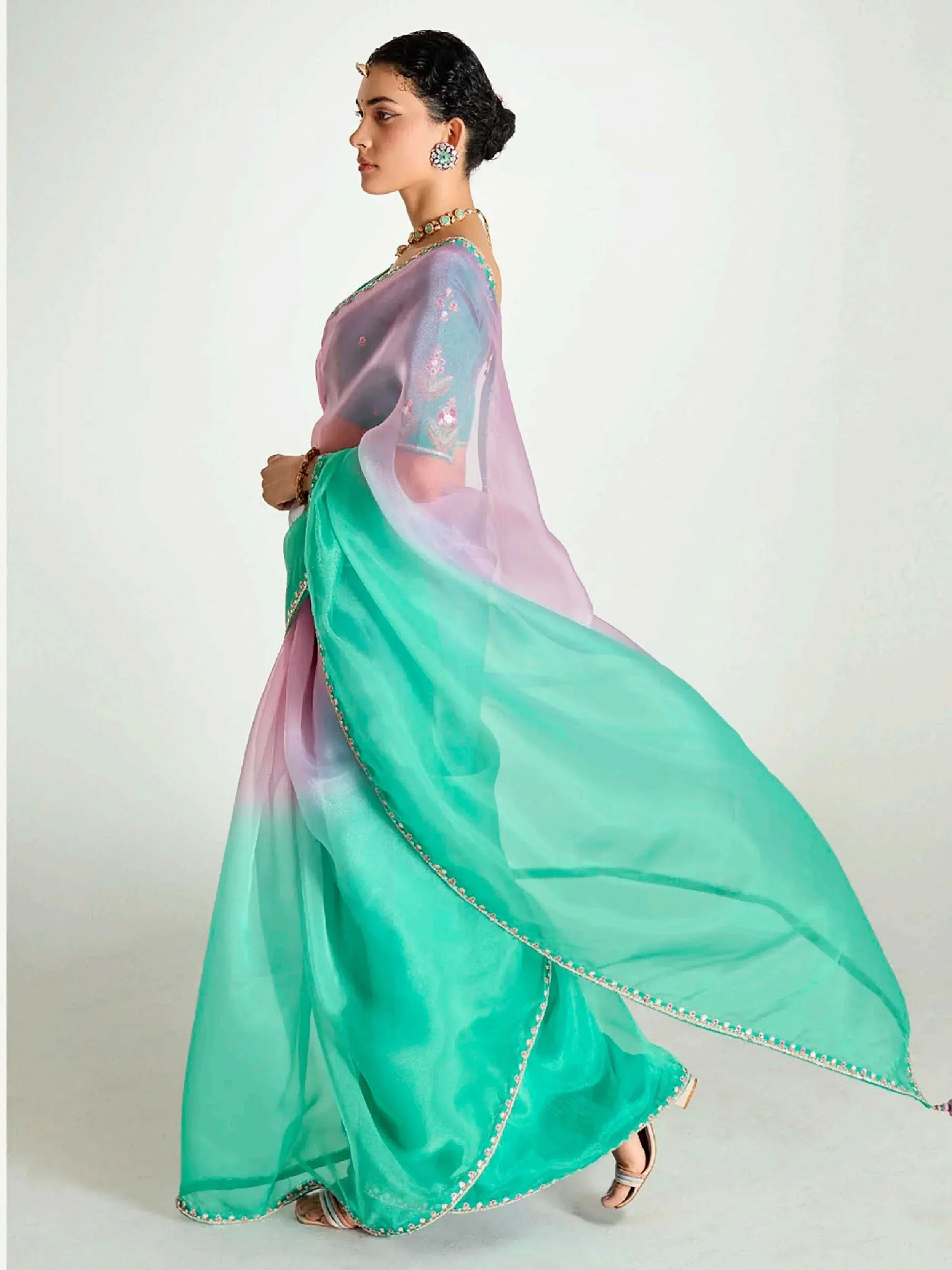 Woman in elegant pastel ombre saree with floral embroidery, perfect for Indian ethnic wear occasions