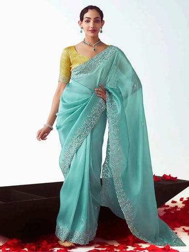 Alluring Sea Green Organza Border Work Festival Wear Saree