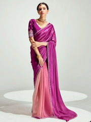 Chic Dark Pink Border Work Organza Saree With Blouse