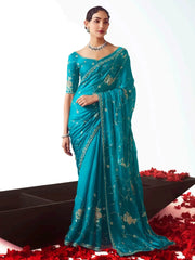 Impressive turquoise Floral Embroidery Engagement Wear Saree