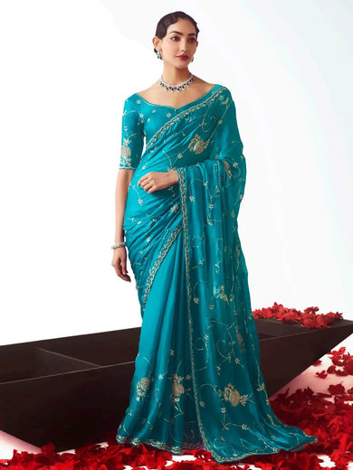 Impressive turquoise Floral Embroidery Engagement Wear Saree
