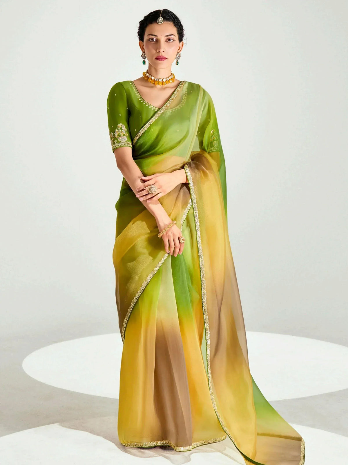 Green and yellow ombre saree with gold embroidery, perfect for Indian ethnic wear occasions