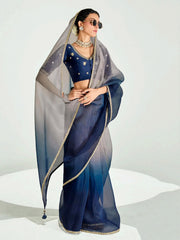 Sweet Navy Blue Organza Border Work Saree With Blouse