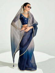 Sweet Navy Blue Organza Border Work Saree With Blouse