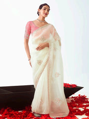 Stunning White Organza Border Work Reception Wear Saree With Blouse