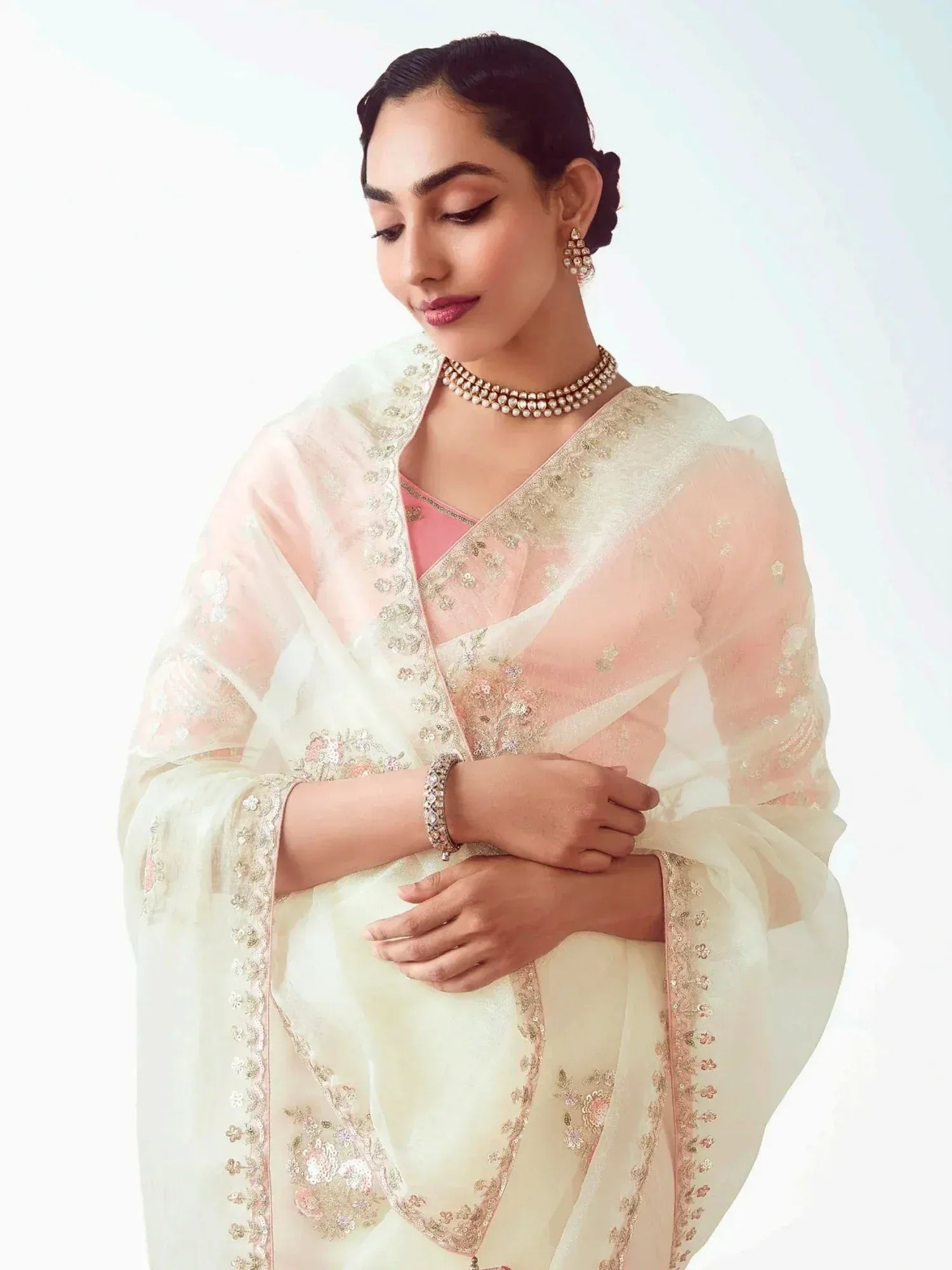 Stunning White Organza Border Work Reception Wear Saree With Blouse