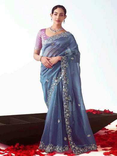 Artistic Blue Floral Embroidery Organza Traditional Saree With Blouse