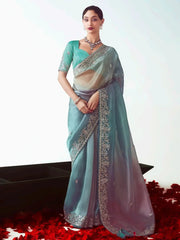 Delicate Sky Blue Organza Border Work Ombre Saree With Blouse