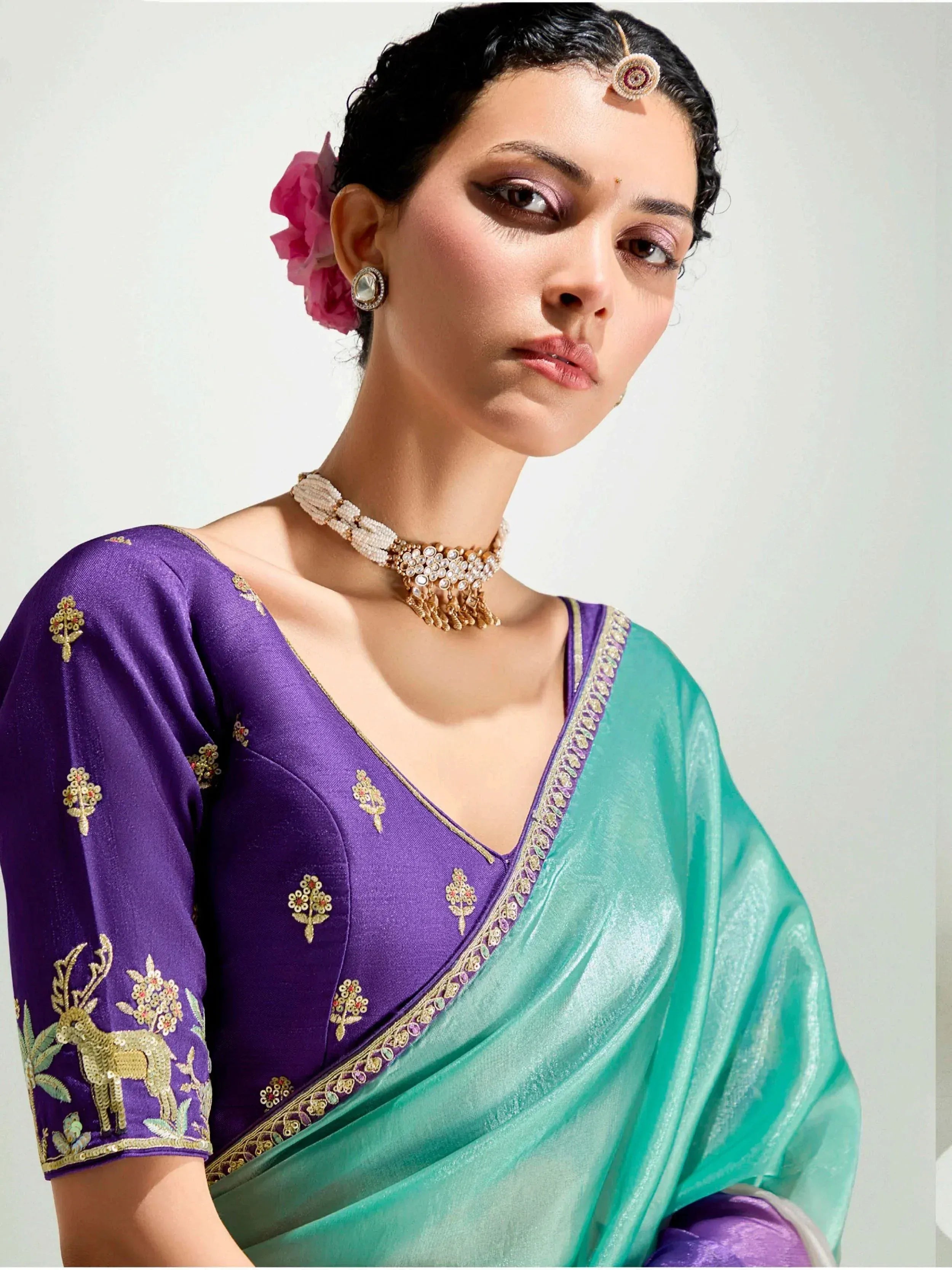 Timeless Purple Border Work Organza Saree With Blouse