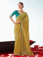 Marvelous Yellow Organza Embroidered Haldi Wear Saree With Blouse