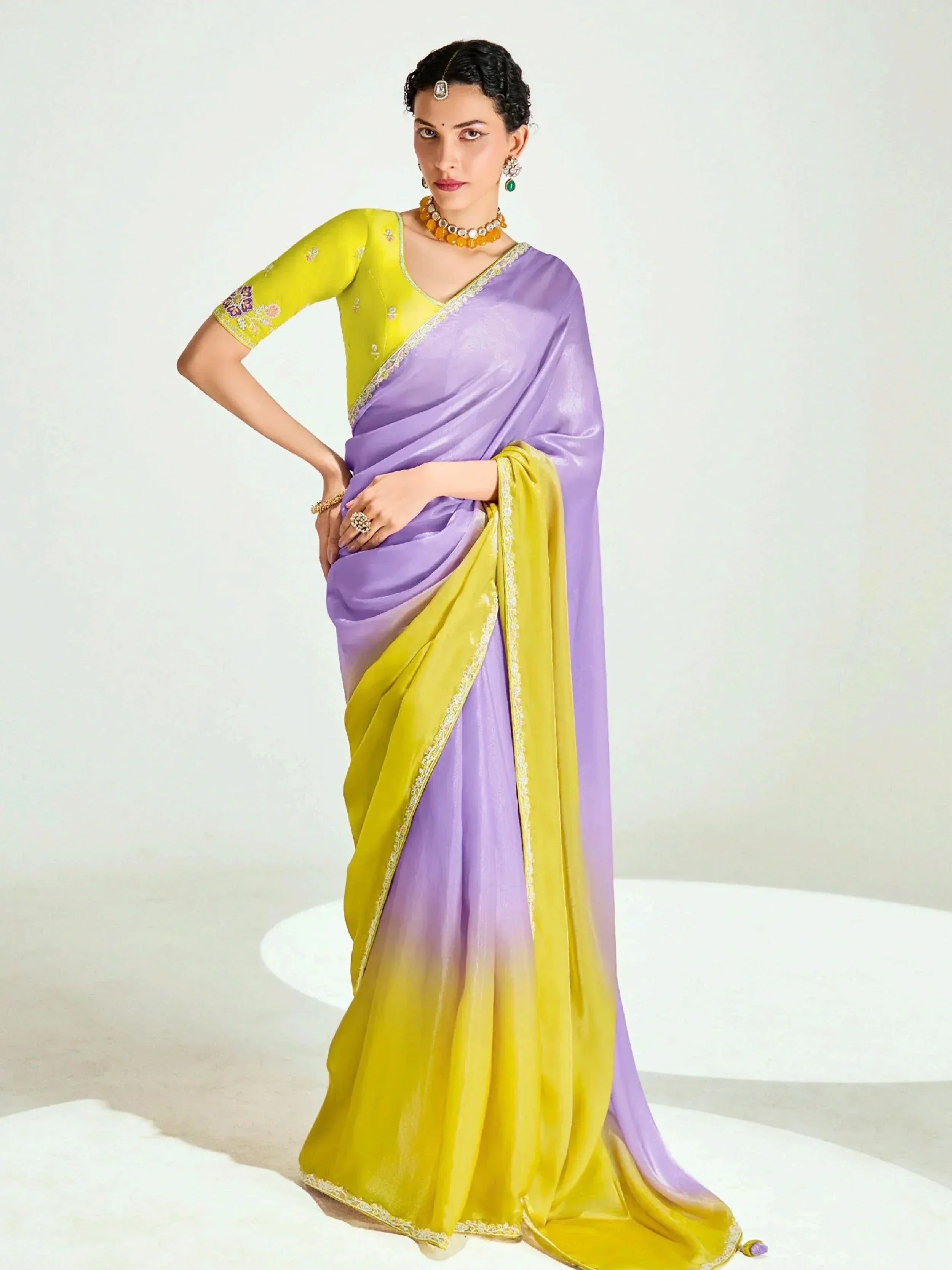 Purple and yellow ombre saree with embroidered blouse, perfect for Indian ethnic wear occasions
