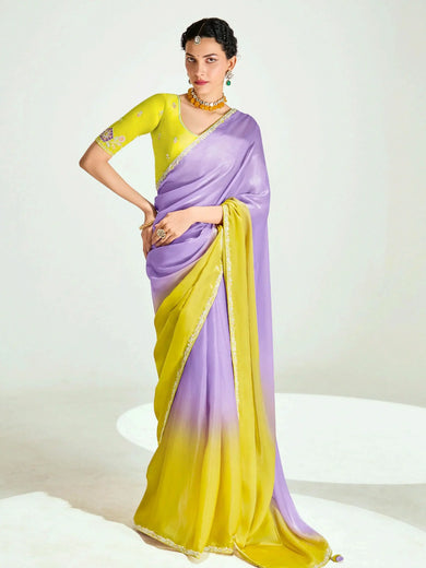 Awesome Lavender Organza Border Work Designer Saree With Blouse