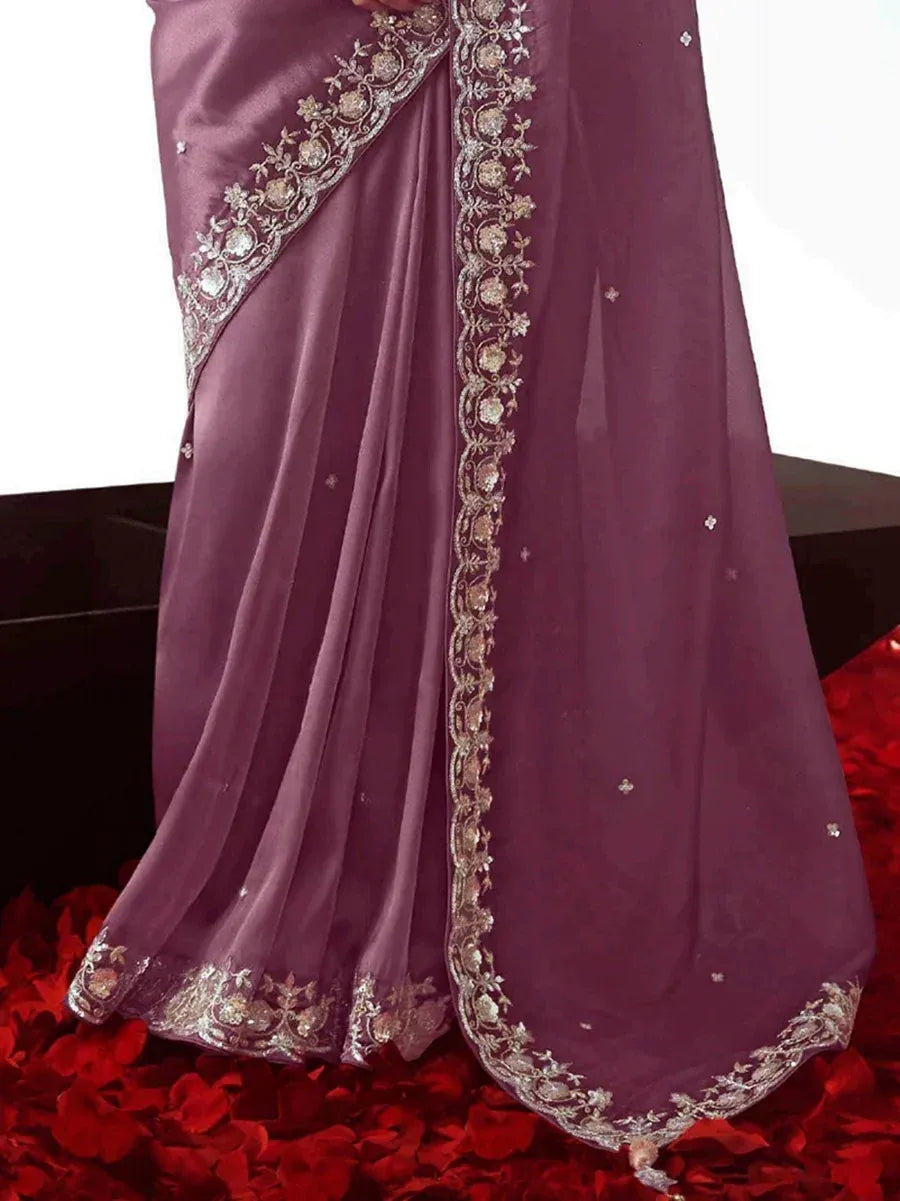 Elegant purple saree with gold floral embroidery, perfect for Indian ethnic wear occasions