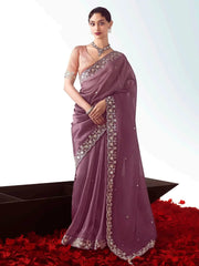 Stylish Mauve Organza Sequins Work Wedding Wear Saree With Blouse