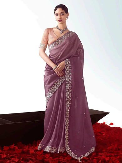 Stylish Mauve Organza Sequins Work Wedding Wear Saree With Blouse