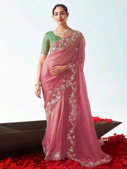 Stunning Light Pink Organza Sequins Wedding Wear Saree With Blouse