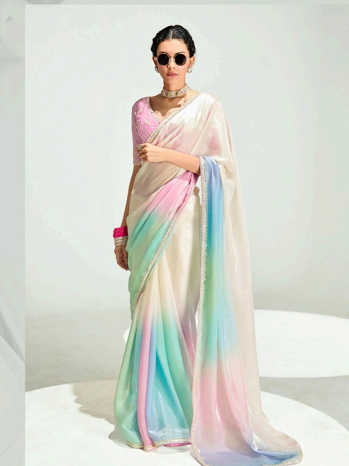 Pastel rainbow ombre saree with pink blouse, perfect for Indian ethnic wear events