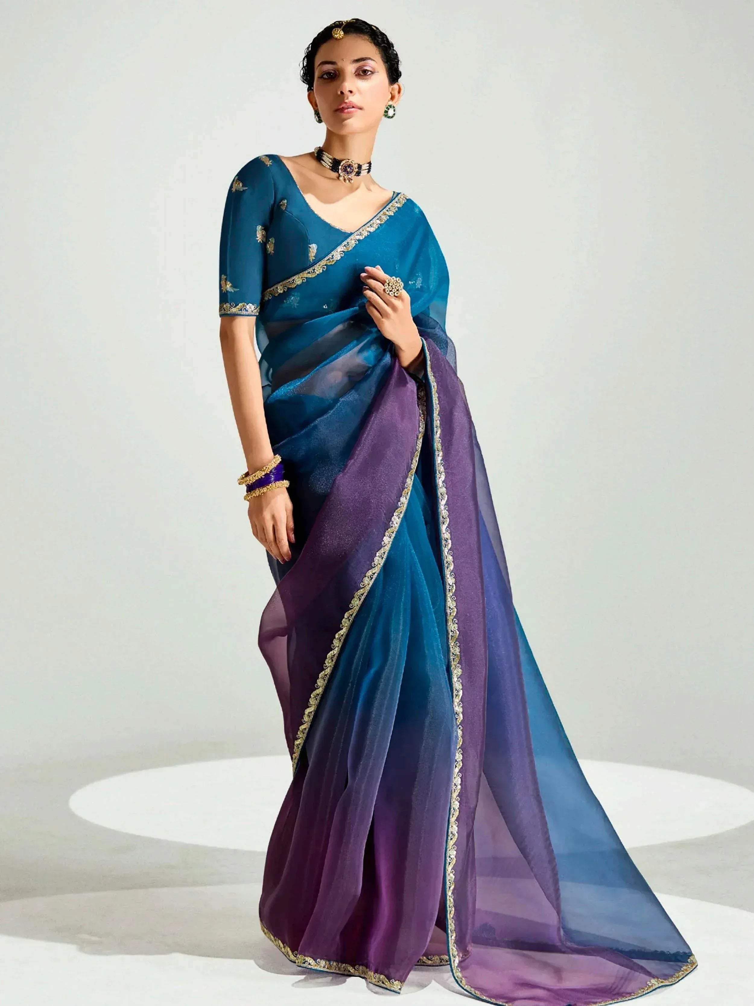 Blue and purple ombre saree with gold embroidery, Indian ethnic wear for women